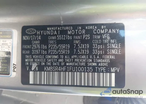 2015 Hyundai Santa Fe Limited from USA, damaged, VIN KM8SR4HF1FU100135